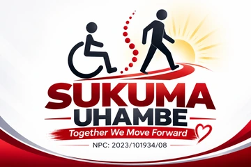 Sukuma Uhambe logo: wheelchair user and walking figure, with Together We Move Forward tagline