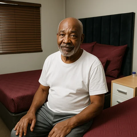 Man seated at the edge of a bed with burgundy bedding; behind him are a dark upholstered headboard, wooden window blinds and a light bedside cabinet.